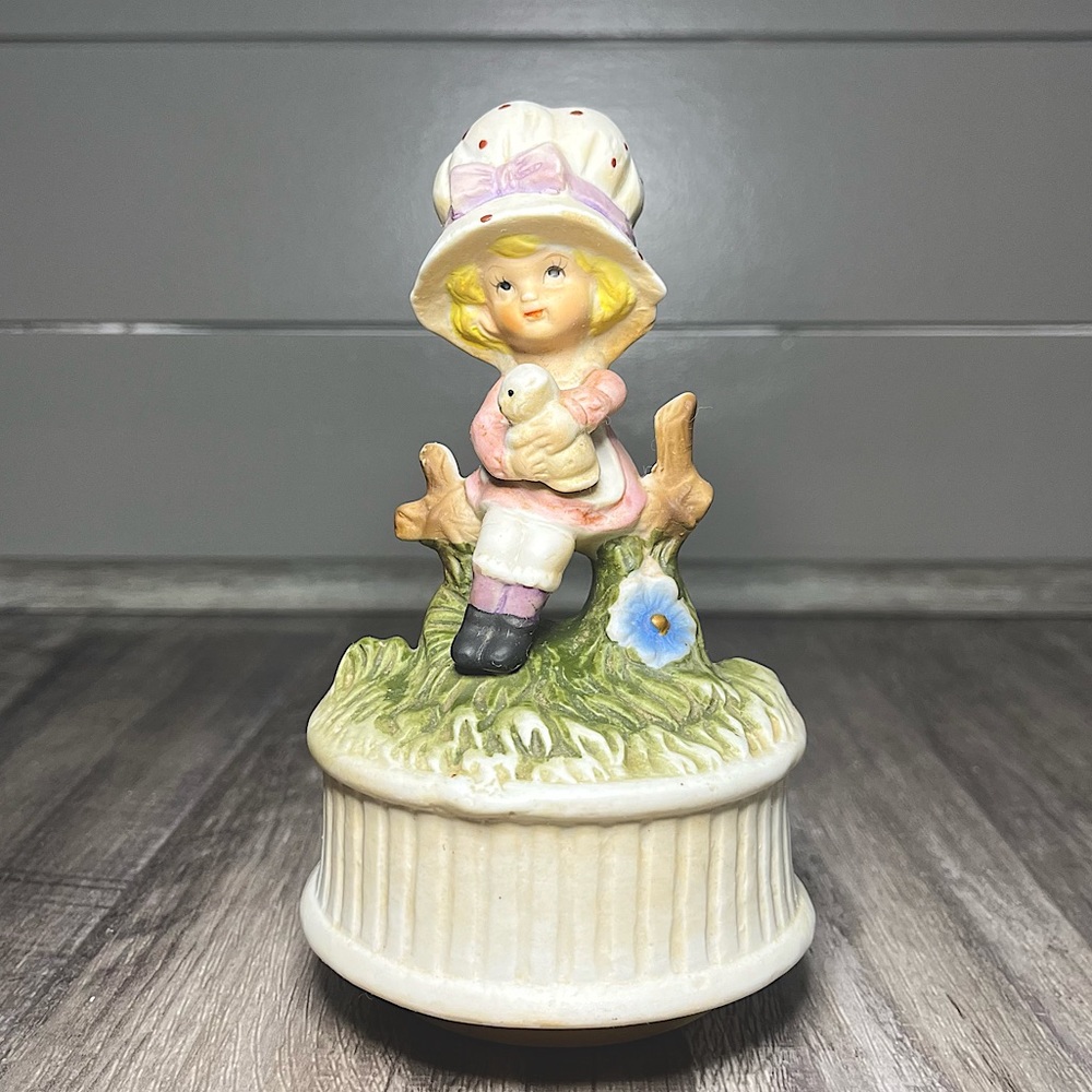 Rare Little Luvkins Girl with Cat Sitting On Fence Musical Figurine